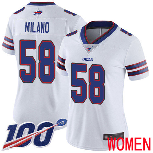 Women Buffalo Bills 58 Matt Milano White Vapor Untouchable Limited Player 100th Season NFL Jersey